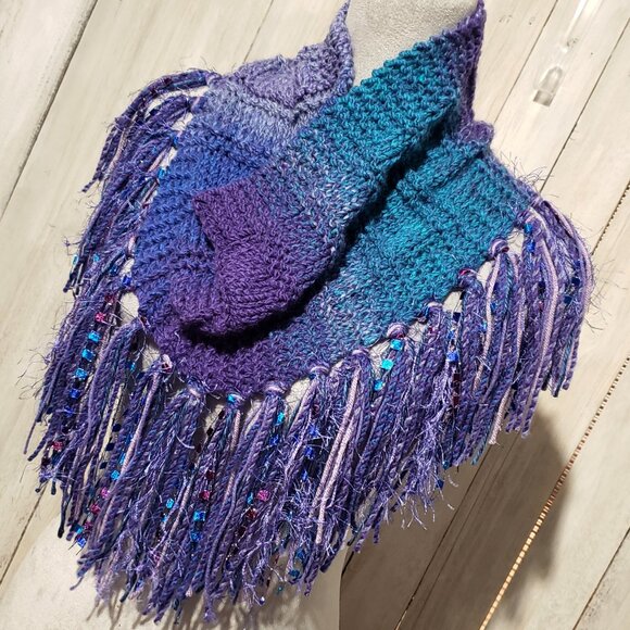 NEW Hand Knitted Blue Purple Chunky Infinity Boho Cowl Scarf Fringed Artsy - Picture 2 of 6